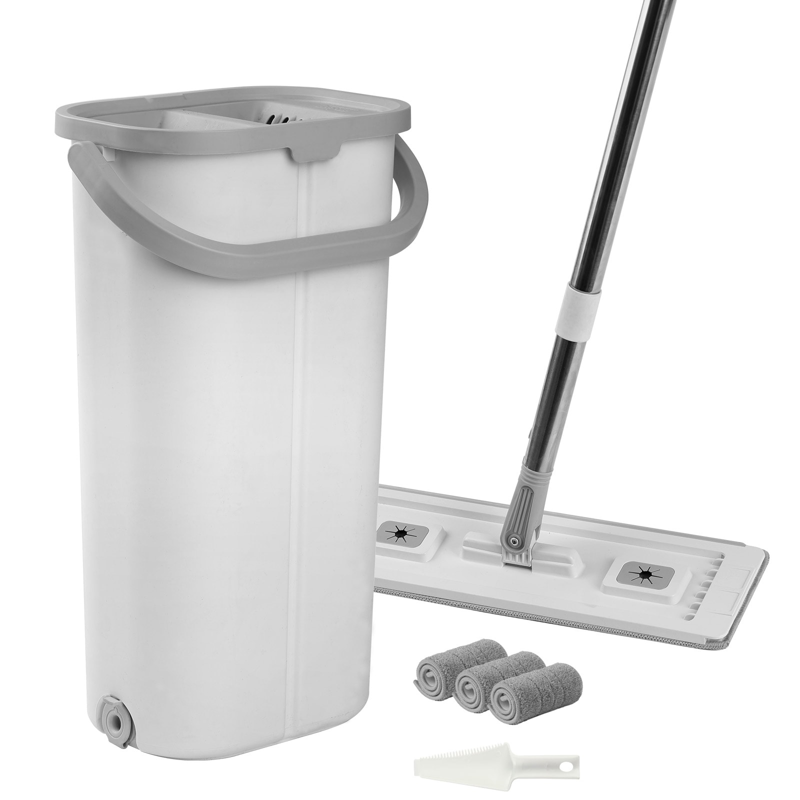 Flat Mop And Bucket Set With Wringer And 3 Microfiber Pads_voghion.com